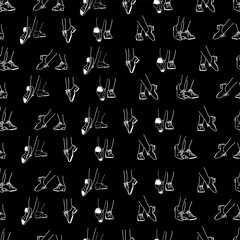 The pattern of feet and shoes for tap dancing. Dancing legs in different dance poses. Illustration for dance studios, circles, t-shirts, stripes.