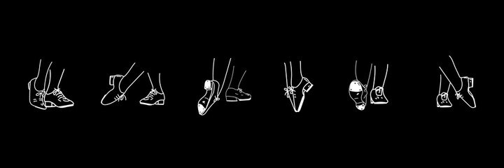 A set of feet and shoes for tap dancing. Dancing legs in different dance poses. Illustration for dance studios, circles, t-shirts, stripes.
