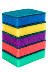 A stack of colorful sponges for washing dishes on a white background. Isolated image