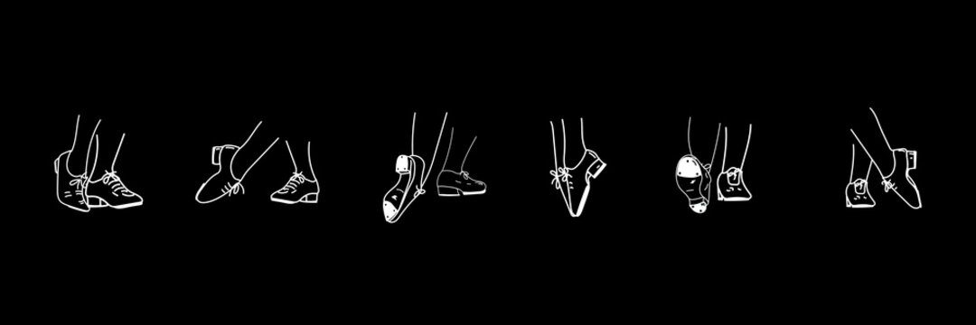 A Set Of Feet And Shoes For Tap Dancing. Dancing Legs In Different Dance Poses. Illustration For Dance Studios, Circles, T-shirts, Stripes.