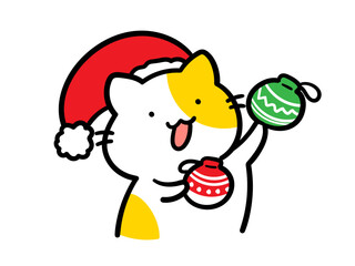 クリスマスの飾り付けをするかわいいねこのキャラクターの手書き風イラスト