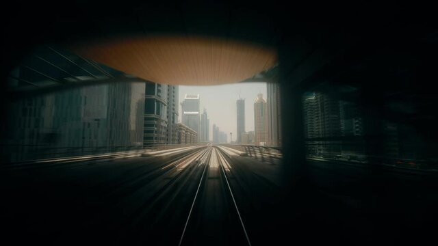 Metro In Dubai, United Arab Emirates. FPV POV At Fast Speed Drive Motion. driverless metro in blurred motion. futuristic city skyline in UAE. Long Exposure Time Lapse, Timelapse, Time-lapse, street