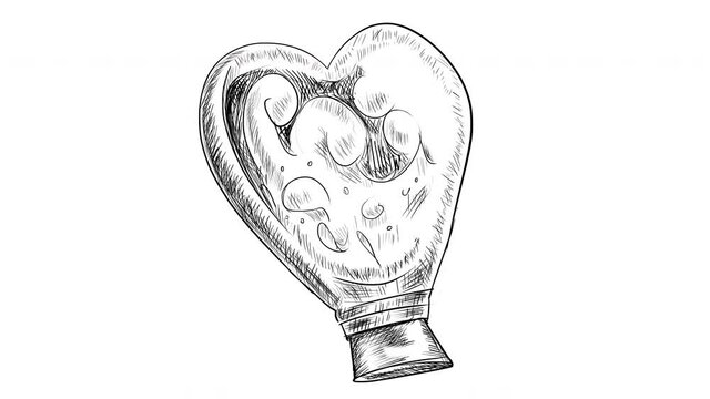 Self-drawing a sketch of a Love potion on a white background. Stock 4k video for Valentine's Day. A bottle of splashing magic liquid of a love potion.