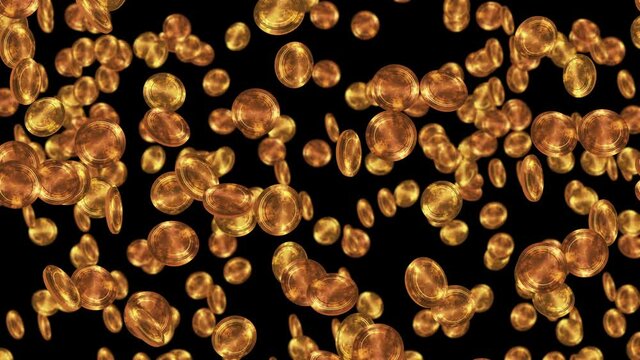 Golden antique coins floating in air on black background. Gold coin in treasure. Business growth concept. Loop animation.