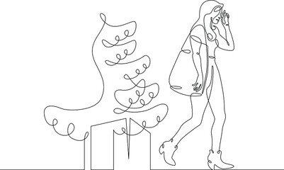 One continuous line.Holiday shopping. A woman with packages and bags leaves the store. Christmas sale. Female character with purchases.One continuous drawing line logo isolated minimal illustration.