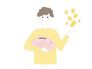 貯金箱を持つ男性