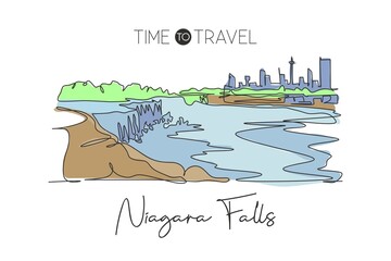 Single continuous line drawing of Niagara Falls skyline, Canada. Famous nature landscape home decor art poster print. World travel destination concept. Modern one line draw design vector illustration