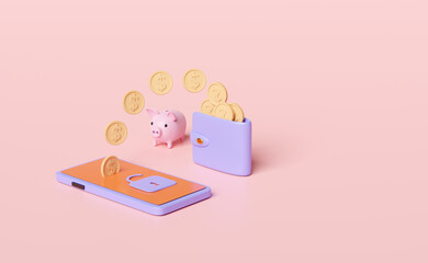 mobile phone,smartphone with wallet,dollar coin,unlock,piggy bank isolated on pink background.Internet security,privacy protection,ransomware protect concept,3d illustration,3d render