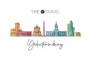 Obraz premium One single line drawing Yekaterinburg city skyline, Russia. World town landscape home wall decor poster print. Best place holiday destination. Trendy continuous line draw design vector illustration