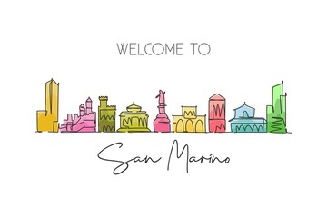 Fototapeta premium One continuous line drawing San Marino city skyline San Marino. Beautiful landmark wall decor poster print. World landscape tourism travel vacation. Stylish single line draw design vector illustration