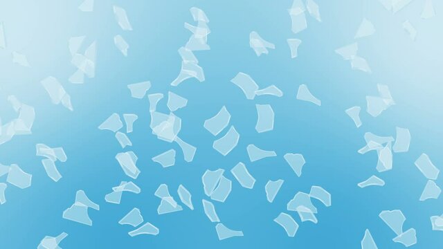 Many broken glass floating in air on blue background. Business damage concept. Sharp piece of splitted clear glass. Loop animation.