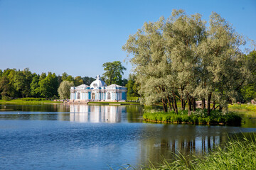 The Baroque Grotto pavilion on the bank of the Bolshoy Catherine Pond in Tsarskoe Selo, Pushkin in...