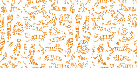 Collection of tigers and tropical leaves. Seamless Pattern for your design