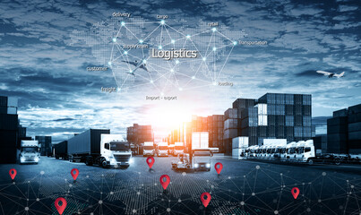Logistics and transportation of Container Cargo ship and Cargo plane with working crane bridge in...
