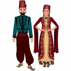 Woman and man in folk national Turkish costumes. Vector illustration