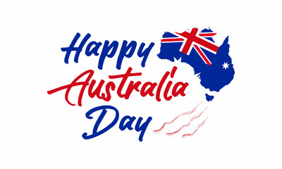 Happy Australia Day calligraphy lettering on map. 26th January Australia day banner with flag vector illustration.