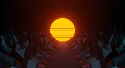 3d rendering of futuristic landscape 80s retro sunset background abstract. Galaxy game 1980s style.