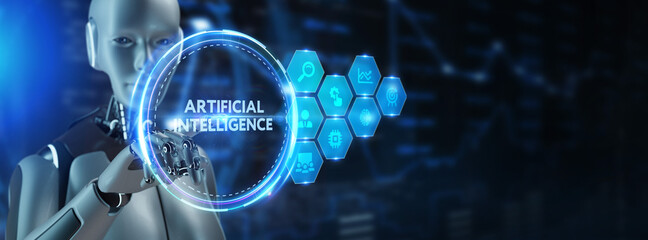 Artificial intelligence (AI), machine learning and modern computer technologies concepts. Business, Technology, Internet and network concept. 3d render