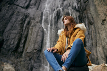 woman hiker with backpack mountains travel adventure freedom