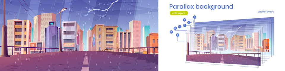 Road to city with office buildings, shops and houses in rain. Vector parallax background for 2d animation with cartoon cityscape with empty town street and thunderstorm with lightning