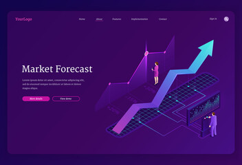 Market forecast banner. Economy analysis, financial strategy, research business opportunities. Vector landing page with isometric illustration of charts, growth graph and people