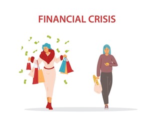 Financial crisis and social gap between poor and reach concept of banner with female characters, flat vector illustration. Social divide impoverishment of population.