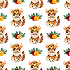 Watercolor painting pattern with cartoon tiger and Christmas balls. The symbol of the Chinese New Year, Christmas. Winter childrens illustration. Isolated over white background.
