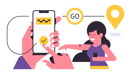 Taxi ordering service mobile application concept. A hand holding a phone with booking a taxi on the display. Urban cab service, happy woman, web banner, line. Flat vector illustration