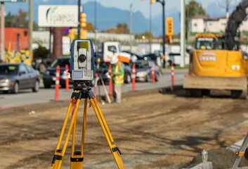 Surveyor equipment theodolite on construction site of highway or road. Surveyor equipment optical...