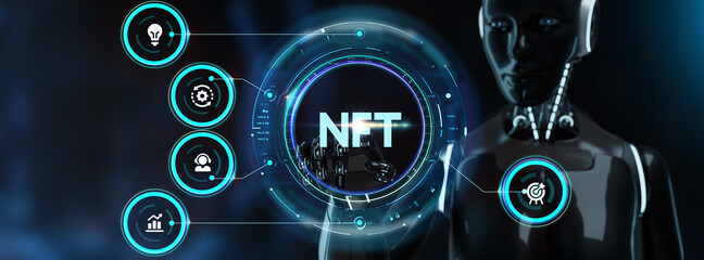 Fototapeta premium NFT Non-fungible token digital crypto on virtual screen.3d render