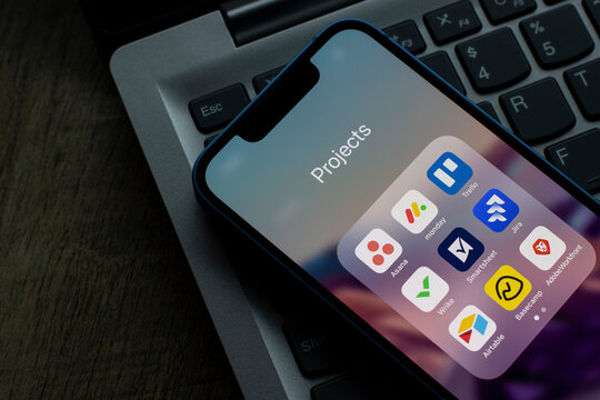 Portland, OR, USA - Dec 6, 2021: Assorted apps for project management are seen on an iPhone, including Asana, Monday, Trello, Wrike, Smartsheet, Jira, Airtable, Basecamp, and Adobe Workfront.