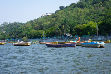 Fototapeta na wymiar Boats in the upper lake at Bhopal which is also known as 'city of lakes'.