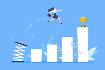Springboard businesswoman high jump flat style design vector illustration concept. Business person jumps above career ladder. Success growth, motivation opportunity, boost career concept.