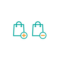 blue shopping paper bags with plus and minus. flat icons set isolated on white. vector illustration.