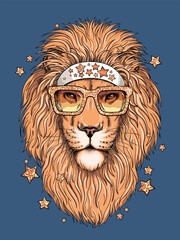Beautiful lion head in sunglasses. Illustration in a hand-drawn style. Stylish image for printing on any surface