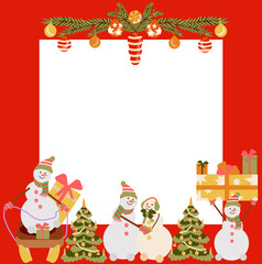 Square frame from the collection of Christmas decor, snowmen, garlands, toys, socks, holiday wreaths. vector illustration in a flat style.
