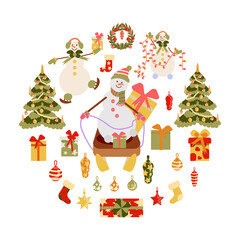 Obraz na płótnie Canvas Collection of Christmas decor, snowmen, garlands, toys, socks, festive wreaths. vector illustration in a flat style. Xmas elements are arranged in a circle. card for winter holidays