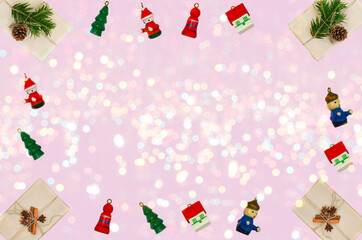 decorations background with copy space text, festive holidays flat lay with zero waste gift fir branches and cone, wooden small christmas tree .