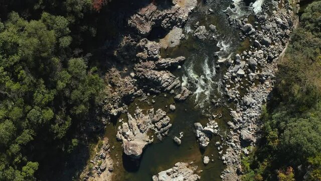 Aerial top down view of canyon river in Takedao Hiking Trail, Hyogo Japan