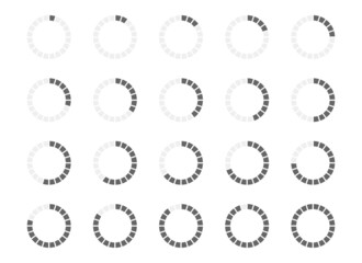 Round loading bar with filled from 1 to 20 segments. Progress, waiting or loading symbols set. Infographic animation elements for website interface. Vector flat illustration.