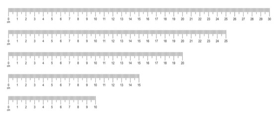 Scale of ruler with numbers set. Horizontal measuring chart with 30, 25, 20, 25, 10 centimeters markup. Distance, height or length measurement math or sewing tool. Vector graphic illustration. - obrazy, fototapety, plakaty