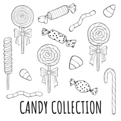 Sweet set. Lollipop, caramel, bar, candied fruit jelly, marmalade, candy cane, cake pop. Elements for christmas card. Vector illustration isolated on white background. Hand drawn. Coloring page book