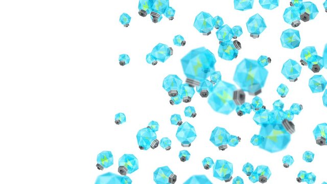 Many blue light bulb floating in air on white background. Creativity concept. 3D polygon illustration of glowing light bulb. Loop animation.
