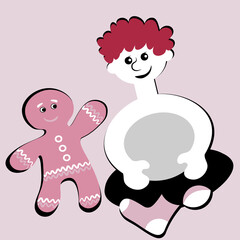 the boy sits cross-legged and smiles at the gingerbread man. Design element