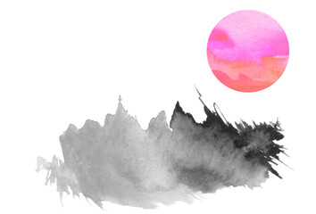 Watercolor landscape. black silhouette  field, wild grass, wheat, cereals,Hill.  Art painting, logo.
Red sun. Chinese art. On white isolated background. Black and red paint splash, stain, stroke. 
