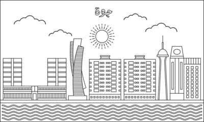 Obraz premium Jeddah skyline with line art style vector illustration. Modern city design vector. Arabic translate : Jeddah
