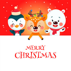 Cute Merry Christmas card with cartoon characters. Winter holiday illustration of a funny little deer, a penguin and a polar bear with a big white signboard on a red background. Vector 10 EPS.