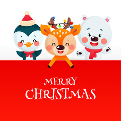 Cute Merry Christmas card with cartoon characters. Winter holiday illustration of a funny little deer, a penguin and a polar bear with a big red signboard on a white background. Vector 10 EPS.