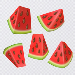 Slice watermelon. Green striped berry with red pulp and brown bones, cut and chopped fruit Vector Format
