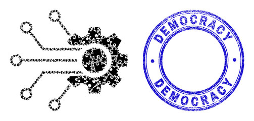 Puzzle smart gear contacts mosaic icon with Democracy seal stamp. Blue vector rounded distress seal with Democracy text. Abstract mosaic of smart gear contacts icon combined of puzzle pieces.